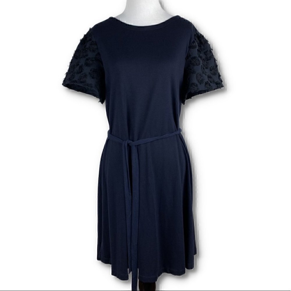 Ann taylor loft dress size M navy blue knit floral petal sleeve wedding Easter